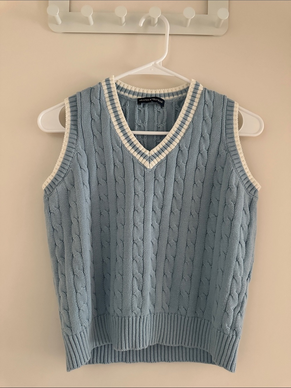 Brandy Melville Light Blue Cable-Knit V-Neck Sweater Vest with Cream Trim